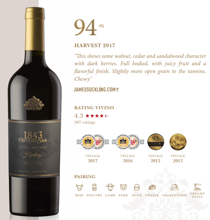 1853 OLD VINE STATE HERITAGE VINO TINTO SELECTED PARCEL MALBEC GRAN RESERVA 750ML [1SPM750]